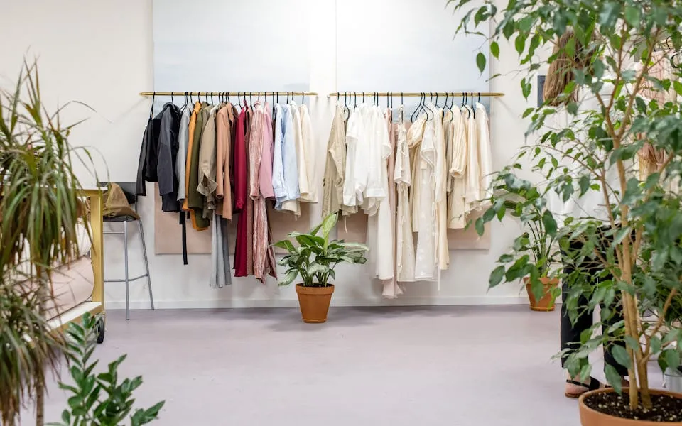 Curated boutique clothing rack with neutral tones